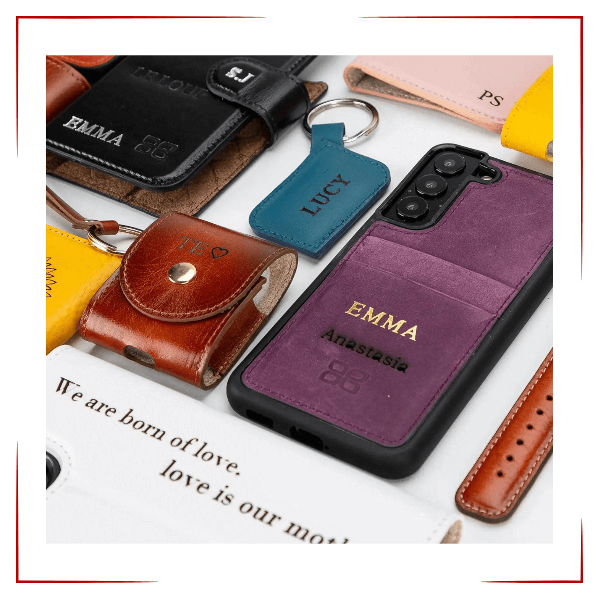 Customized leather products including phone cases, keychains, and wallets with personalized names and designs.