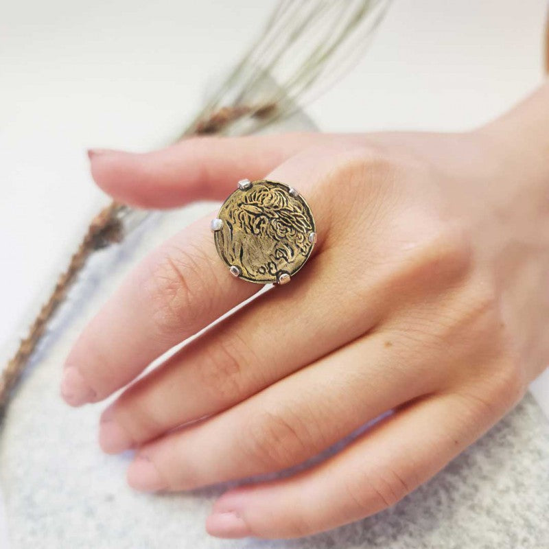 925 Sterling Silver Alexander the Great Coin Women Ring