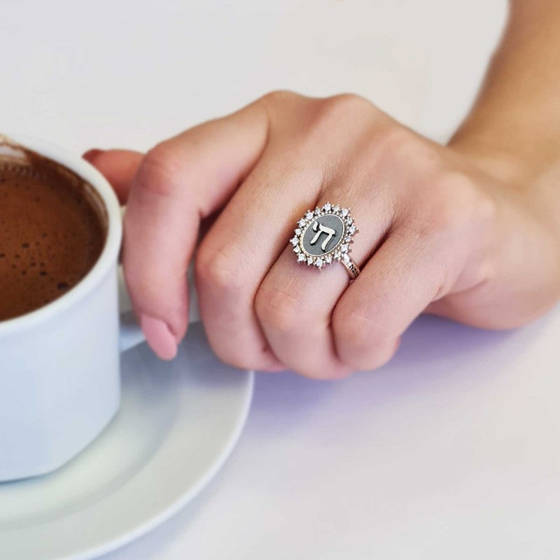 925 Sterling Silver Jewish Chai Symbol Women Ring