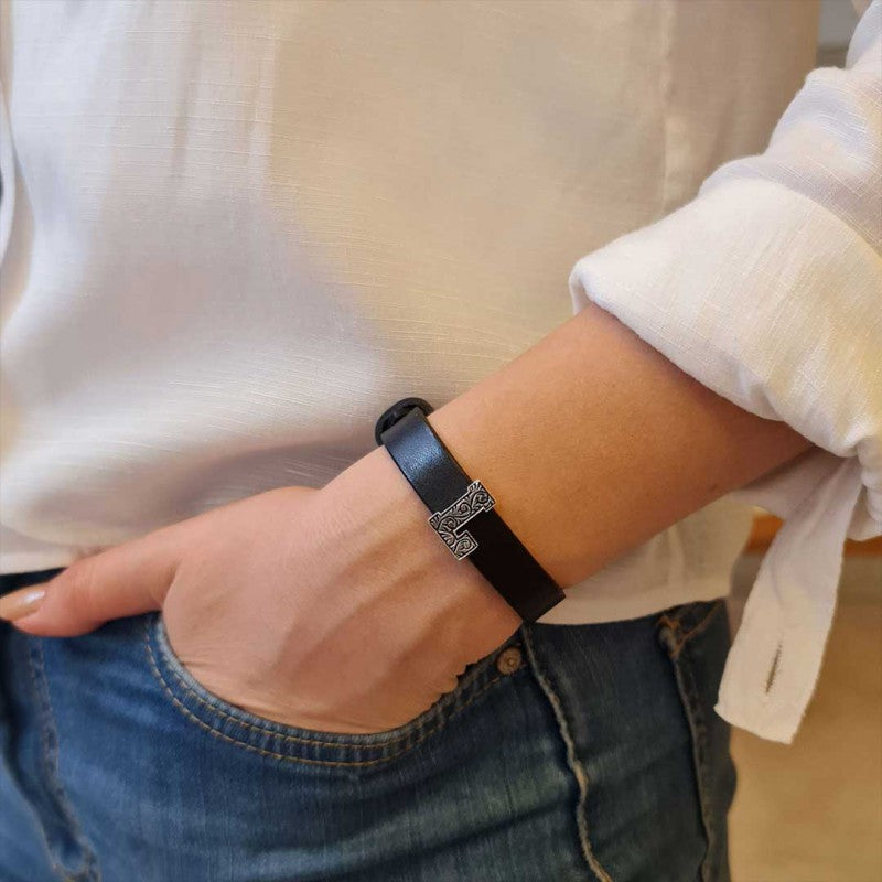 925 Sterling Silver Motif L Letter Leather Bracelet