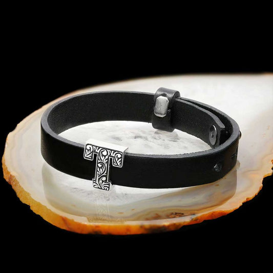 925 Sterling Silver Motif Letter T Leather Bracelet