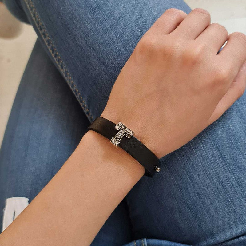 925 Sterling Silver Motif Letter T Leather Bracelet by SWISS PLUS - Letter Collection - view 4