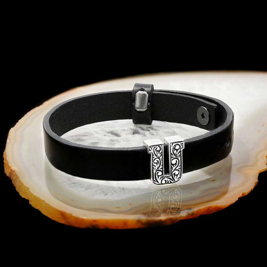 925 Sterling Silver Motif Letter U Leather Bracelet by SWISS PLUS - Letter Collection - view 2
