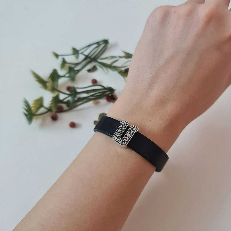 925 Sterling Silver Motif Letter U Leather Bracelet by SWISS PLUS - Letter Collection - view 4
