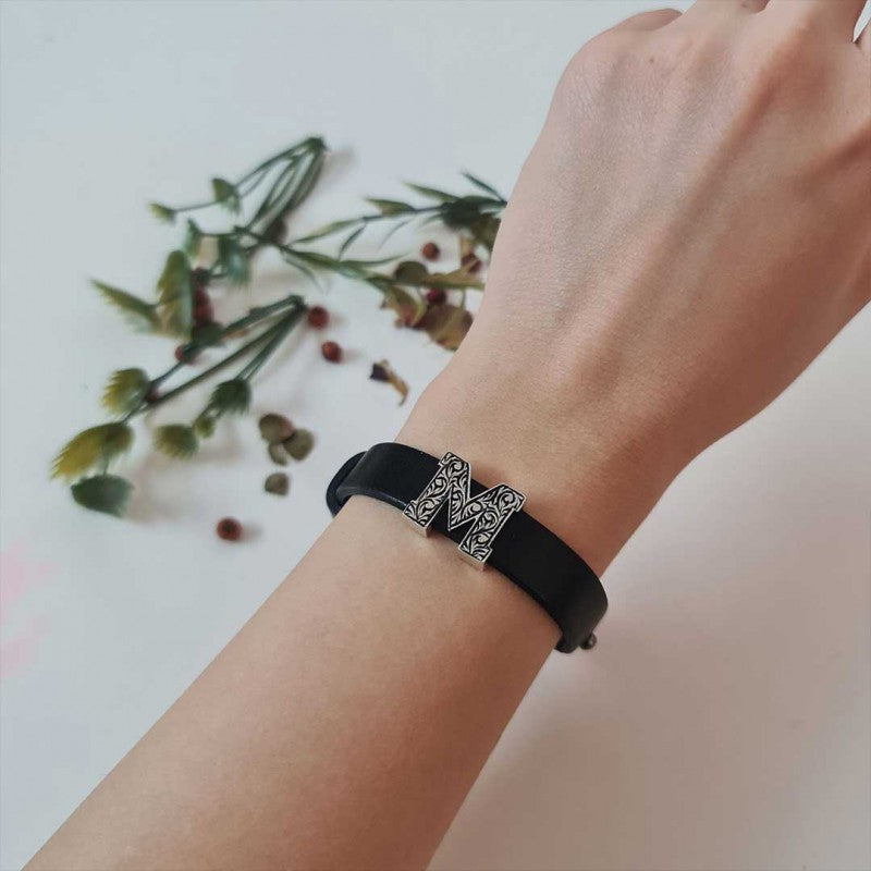 925 Sterling Silver Motif M Letter Leather Bracelet by SWISS PLUS - Letter Collection - view 4