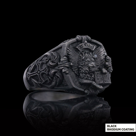 925 Sterling Silver St. Mark Lion Ring, Evangelist Lion Cross Ring, Men's Silver Signet Ring, Christian Men's Ring, Religious