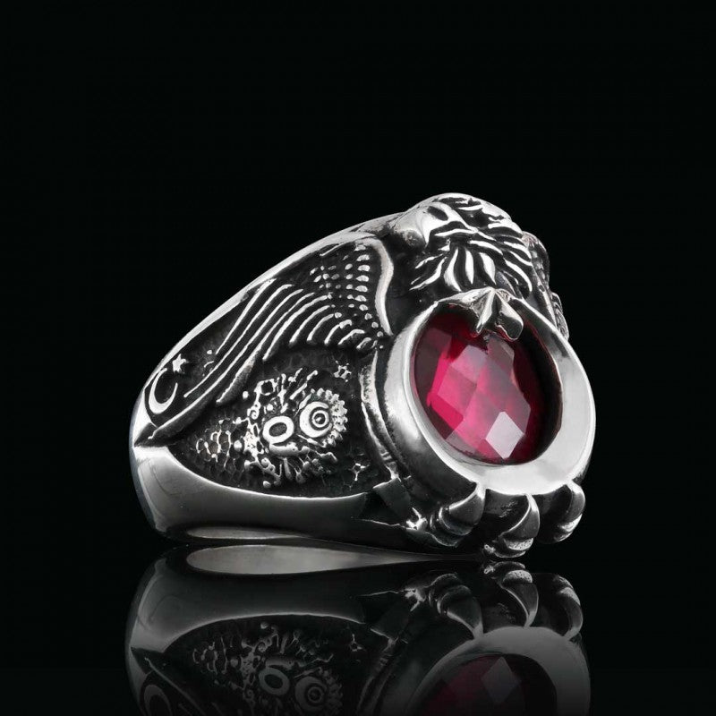 925 Sterling Silver Stoned Eagle Head Tughra Ring by SWISS PLUS - Ottoman Jewelry Collection - view 3
