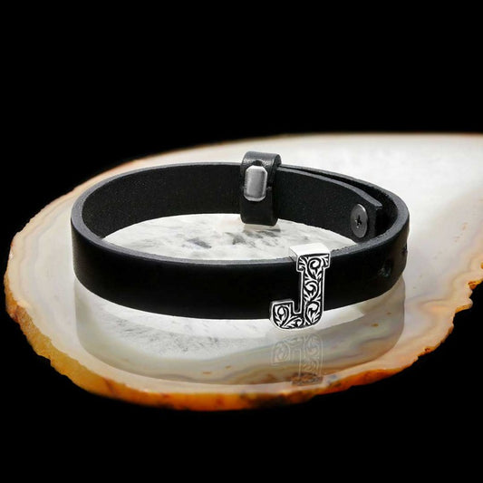 925 Sterling Silver Motif J Letter Leather Bracelet by SWISS PLUS - Letter Collection - view 2