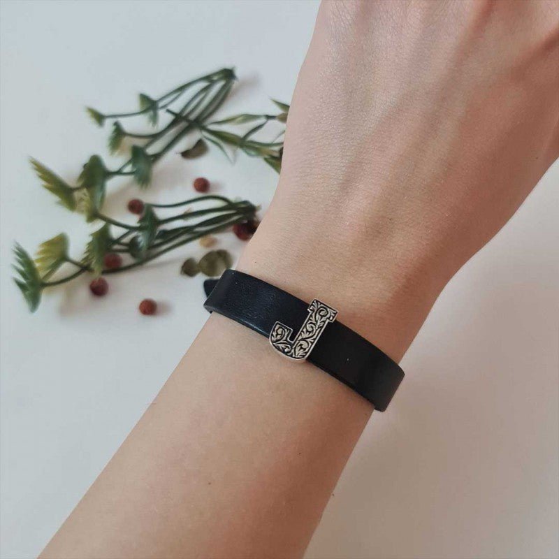925 Sterling Silver Motif J Letter Leather Bracelet