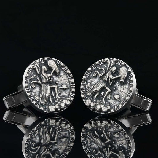 Unique Design Silver Round Aquarius Cufflink