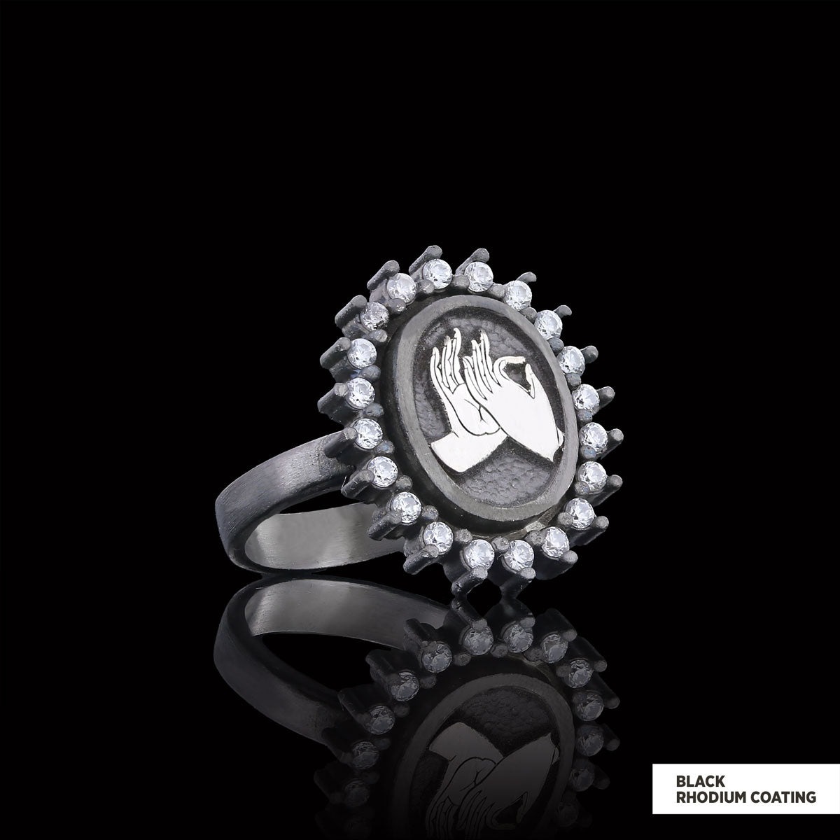 Buddha hands Ring, Stoned Budhhist Ring, Mudra Hand Ring, Women's Religious Ring, Religious Gift Black Rhodium Coating