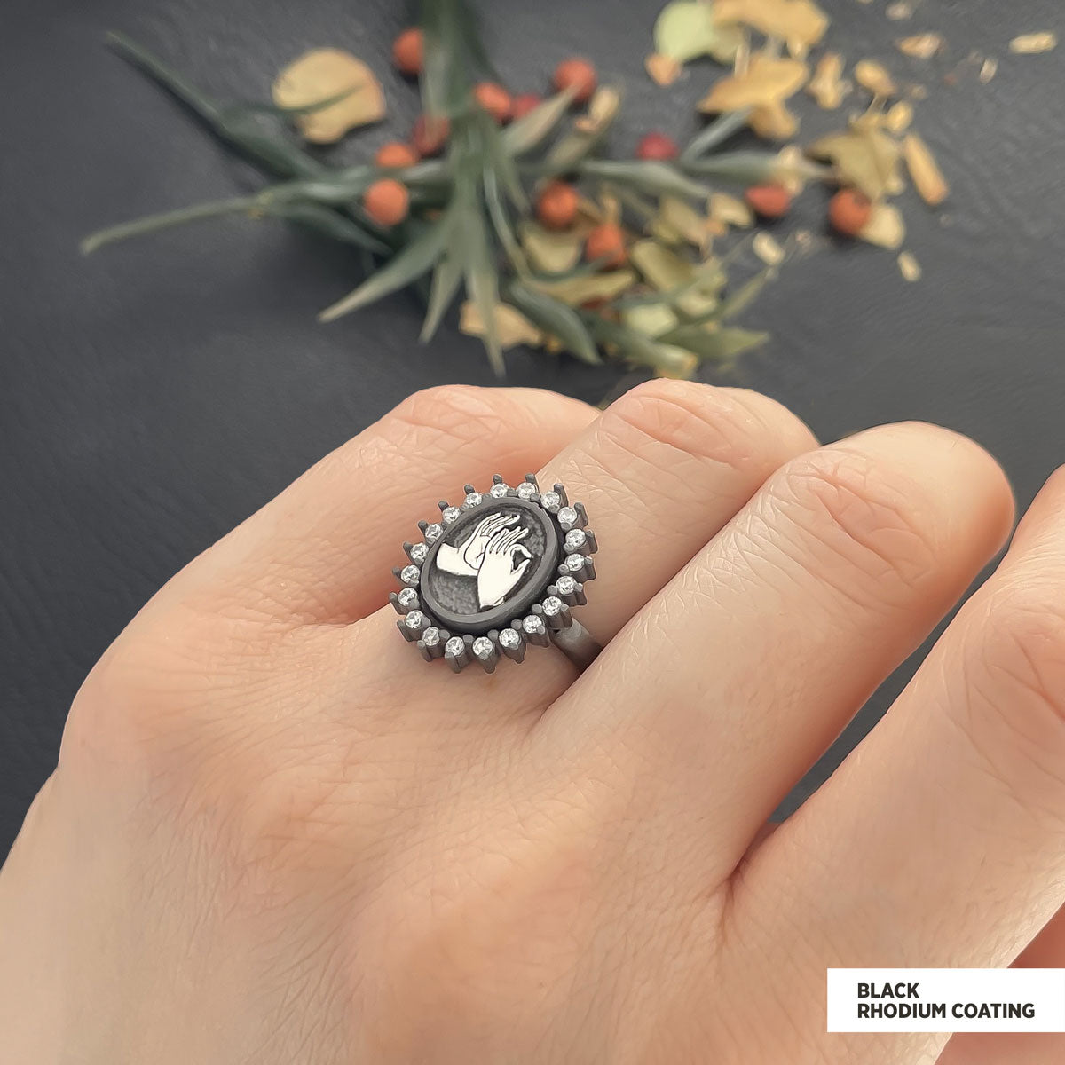 Buddha hands Ring, Stoned Budhhist Ring, Mudra Hand Ring, Women's Religious Ring, Religious Gift Black Rhodium Coating