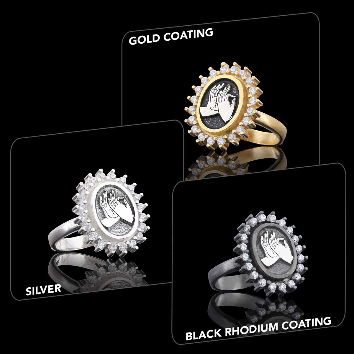 Buddha hands Ring, Stoned Budhhist Ring, Mudra Hand Ring, Women's Religious Ring, Religious Gift Black Rhodium Coating