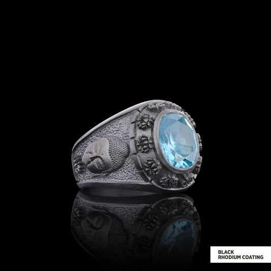 Buddhist Silver Ring with Stone, Buddha Ring, Lotus Flower Ring, Buddhist Jewelry, Religious Gifts - view 2