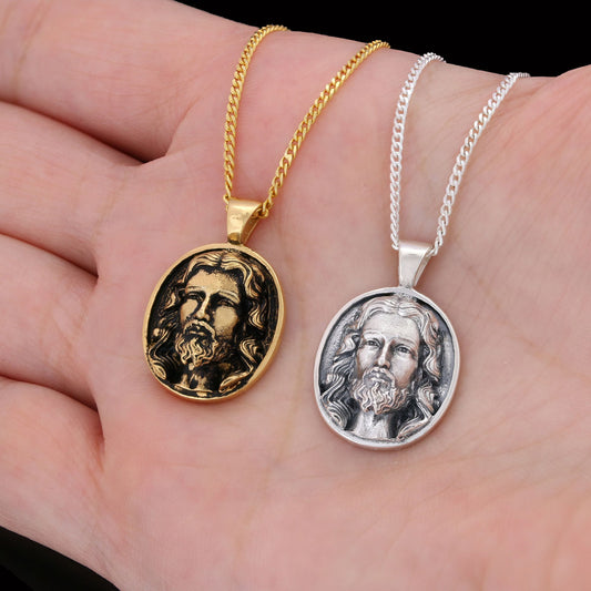 Christ Pendant, Christian Necklace, Jesus Necklace, Religious Gift for Men, Round Silver Religious Necklace, Gold Plated Jesu