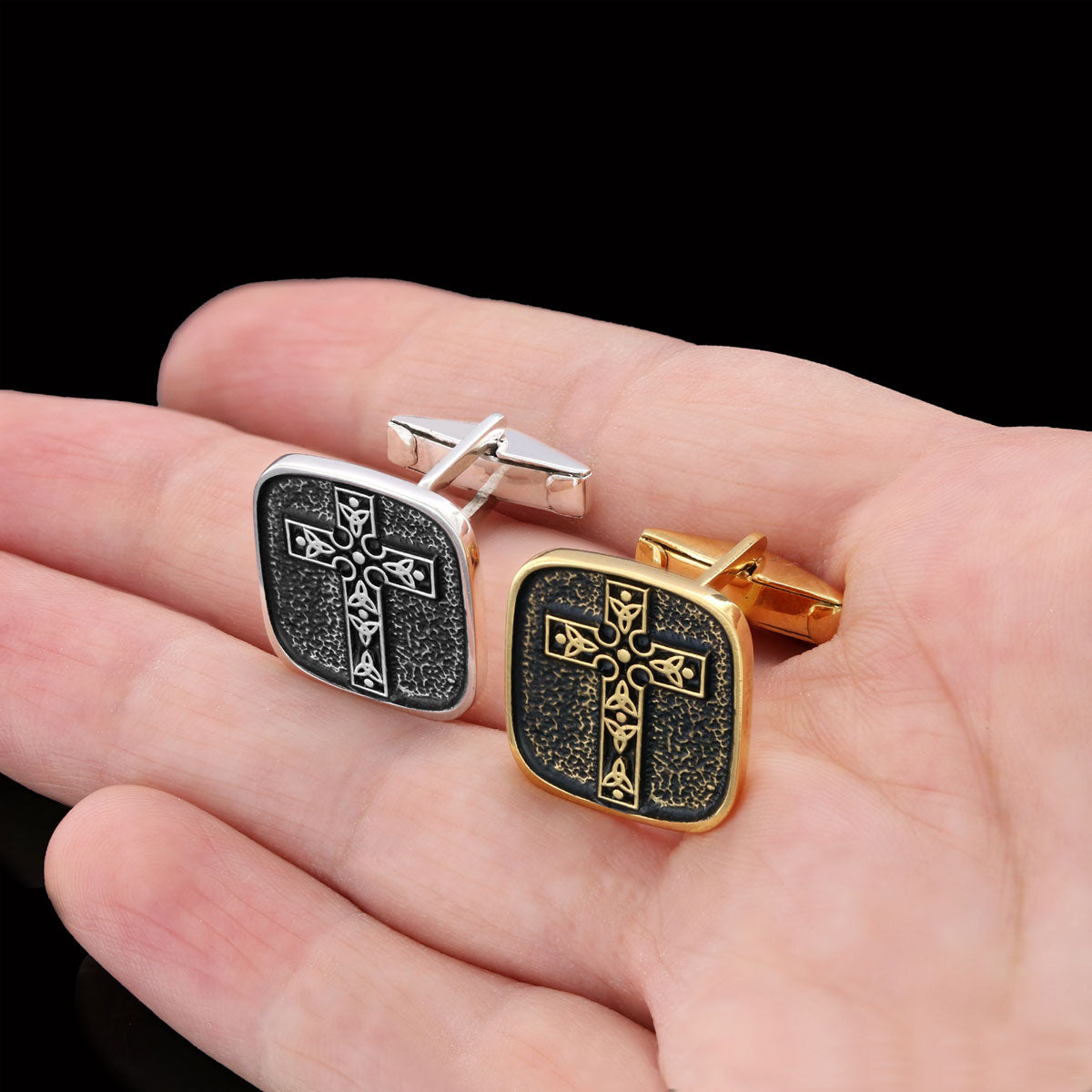 Christian Cross Cufflinks, Gold Plated Silver Cross Cufflinks, Square Motif Cross Silver Cufflinks by SWISS PLUS - Christian