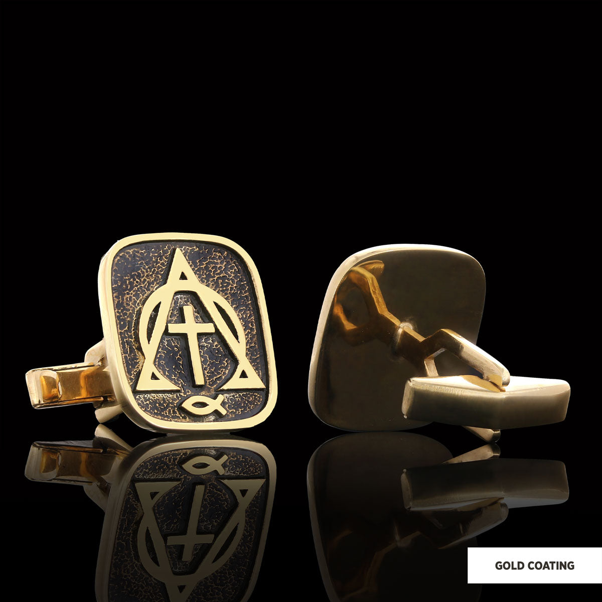 Christian Cross Ichthus Cufflinks, Alpha Omega Cross Cufflinks, Square Christianity Ichthus Cufflinks Gold Coating
