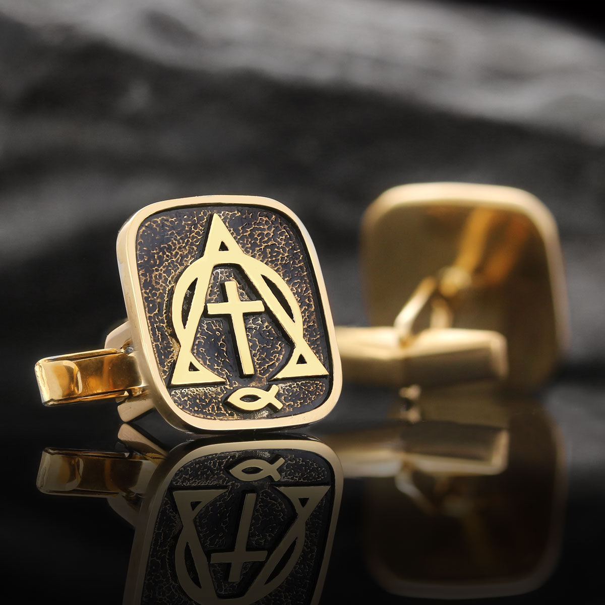 Christian Cross Ichthus Cufflinks, Alpha Omega Cross Cufflinks, Square Christianity Ichthus Cufflinks Gold Coating by SWISS P