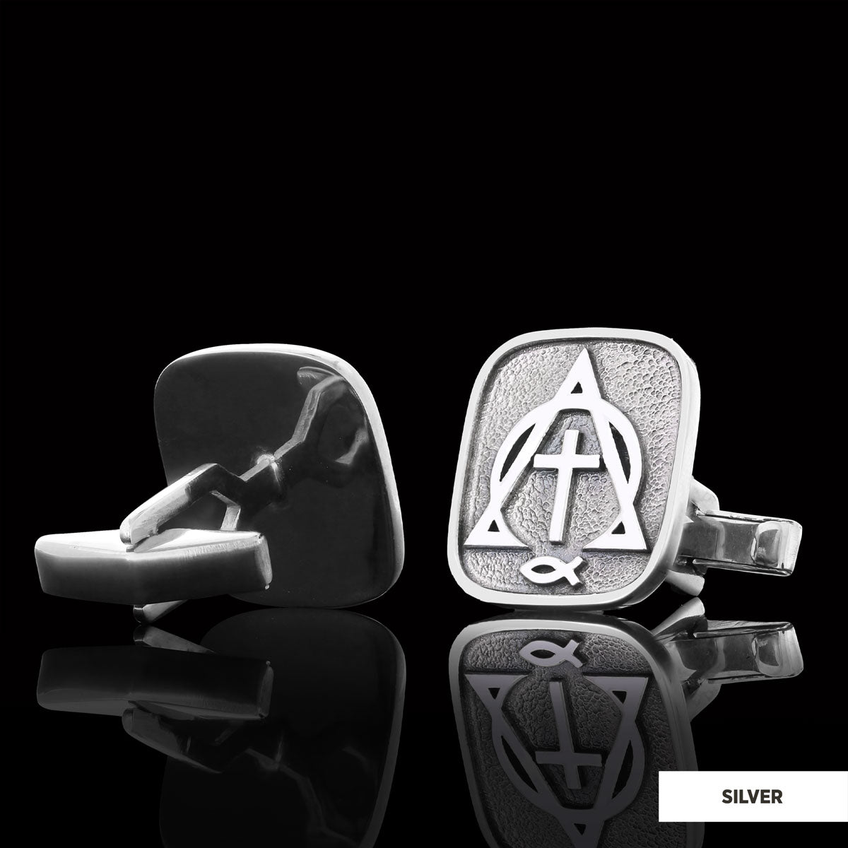 Christian Cross Ichthus Cufflinks, Alpha Omega Cross Cufflinks, Square Christianity Ichthus Cufflinks Silver