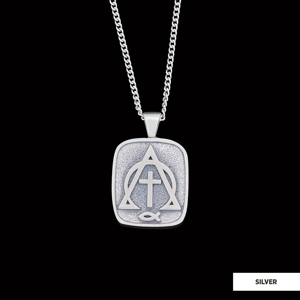 Christian Cross Ichthus Necklace, Alpha Omega Cross Necklace, Square Christianity Ichthus Pendant Silver