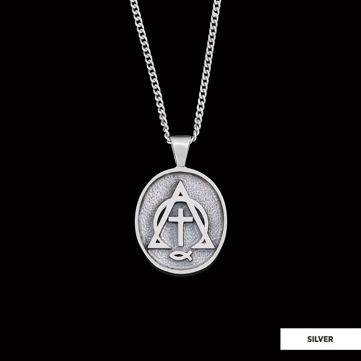 Christian Cross Ichthus Necklace, Square Christian Jewelry, Ichthus Pendant, Alpha Omega Cross Necklace Silver