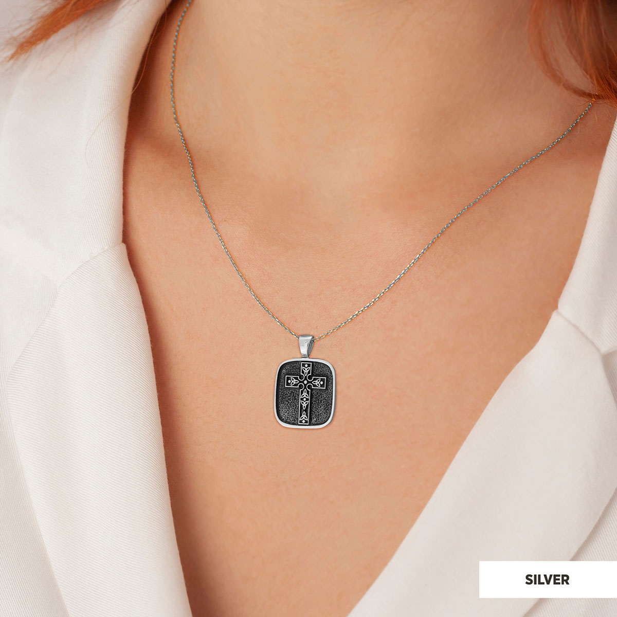 Christian Cross Pendants, Gold Plated Silver Cross Necklace, Square Motif Cross Silver Necklace Silver
