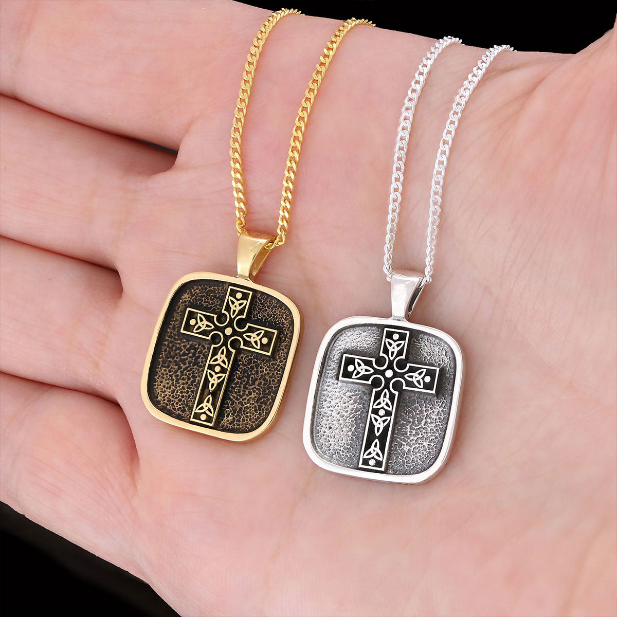 Christian Cross Pendants, Gold Plated Silver Cross Necklace, Square Motif Cross Silver Necklace Silver