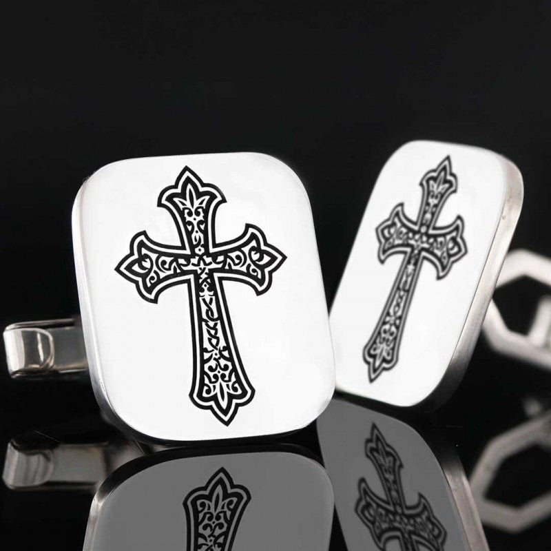 Square Custom Design Silver Christian Cross Embroidered Cufflink by SWISS PLUS - Christian Collection - view 5