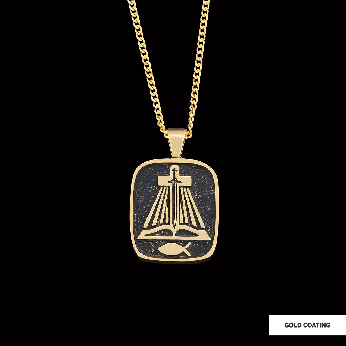 Christian Sword Necklace, Christianity Ichthus Necklace, Cross Necklace, Religion Book Pendant Gold Coating