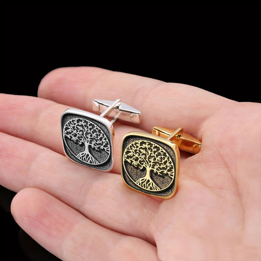 Christian Tree of Life Gold Plated Silver Cufflinks, Silver Square Tree of Life Cufflinks, 925 Sterling Silver Christian Cuff