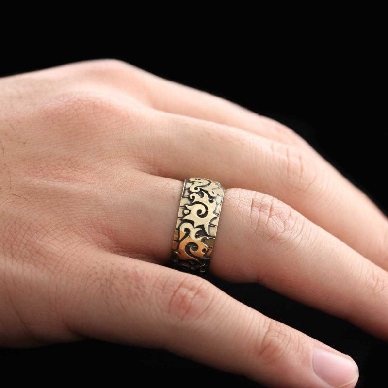 Classical Motif Embroidered Silver Wedding Ring