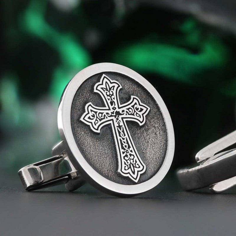 Oval Handmade Silver Christian Cross Cufflink