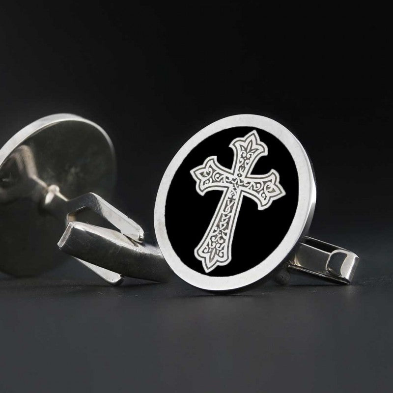 Oval Handmade Silver Christian Cross Cufflink - view 4
