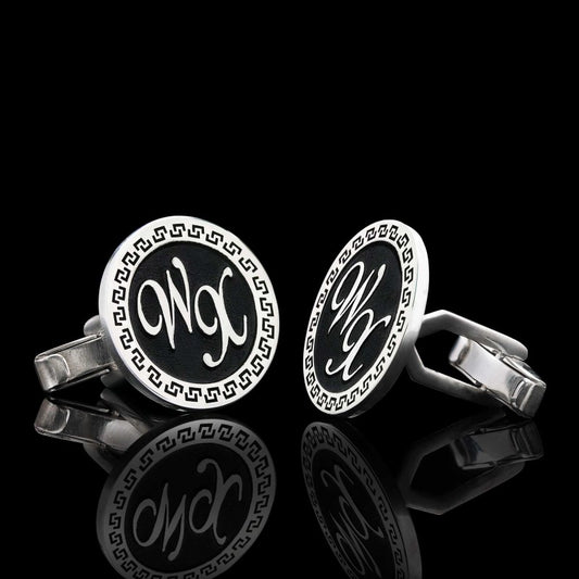 Custom Design Handmade Silver With Motifs Round Cufflinks