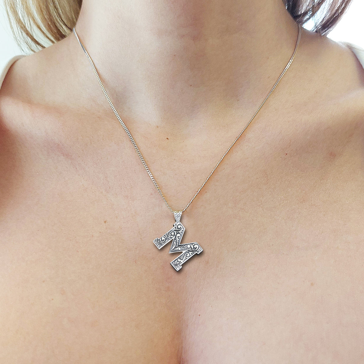 Custom Design Monogram 925 Sterling Silver Letter M Necklace by SWISS PLUS - Letter Collection - view 7