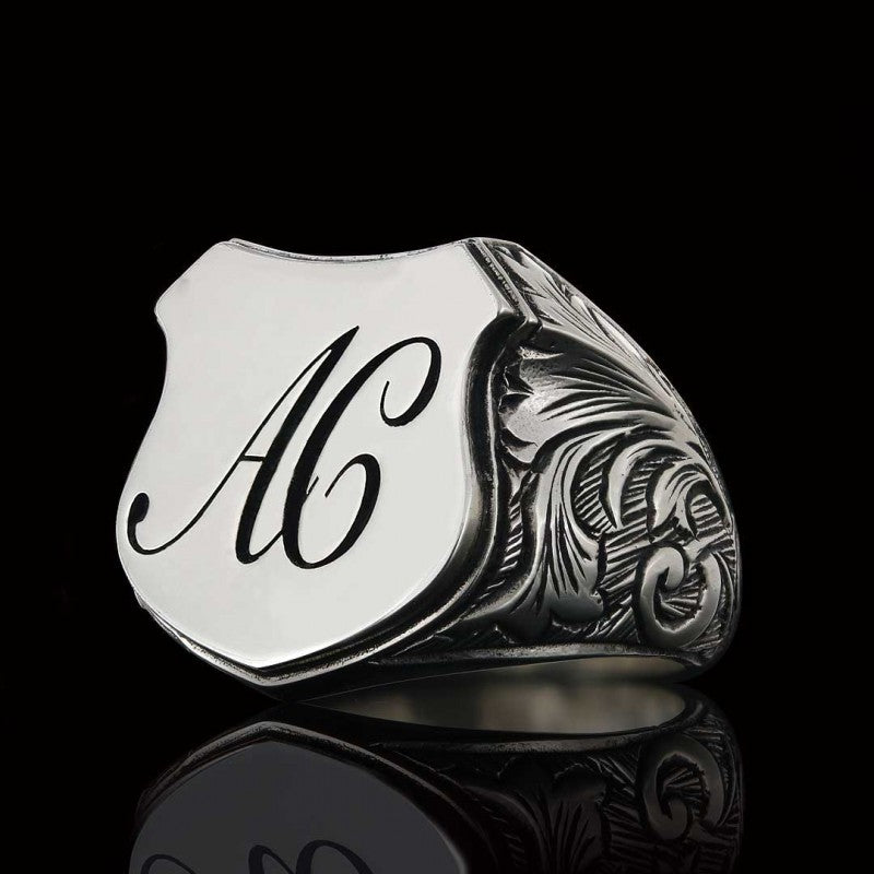 Custom Design Silver Motif A-C Letter Monogram Ring