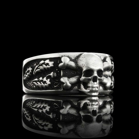 Custom Design Silver Skull Leaf Motif Ring by SWISS PLUS - Skull Rings - view 2