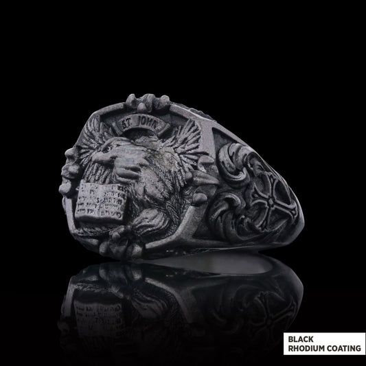 Eagle Of Saint John Apostle Evangelist Cross Pattern Signet Ring, Apostle Evangelist Symbol with Cross Engraving Ring, Christian Men's Ring - view 2