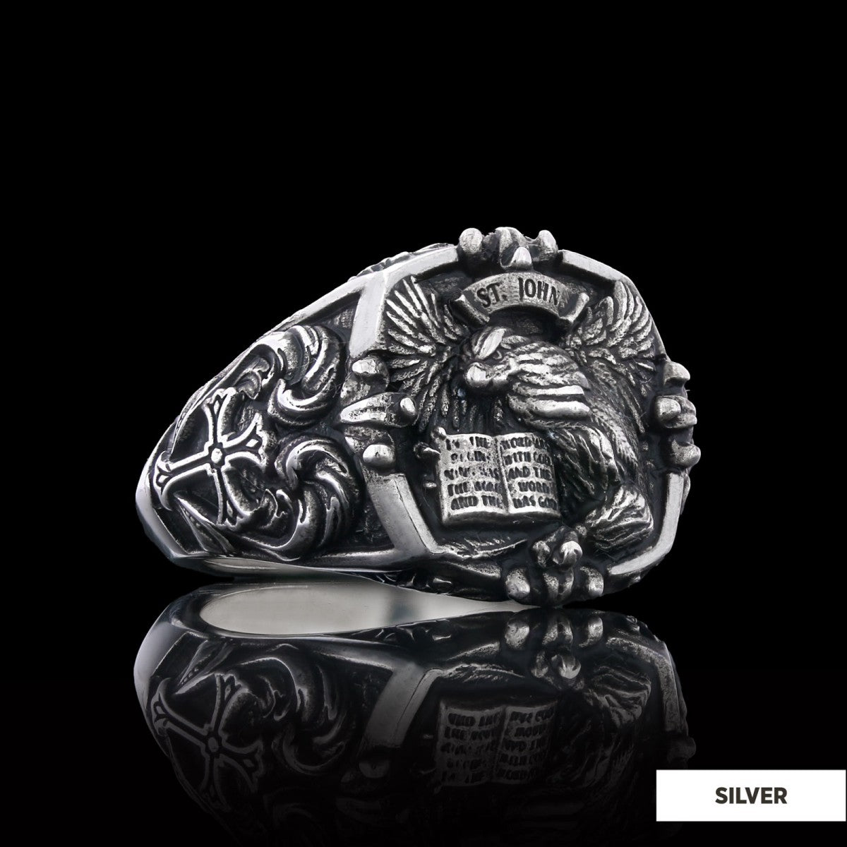 Eagle Of Saint John Apostle Evangelist Cross Pattern Signet Ring, Apostle Evangelist Symbol with Cross Engraving Ring, Christian Men's Ring
