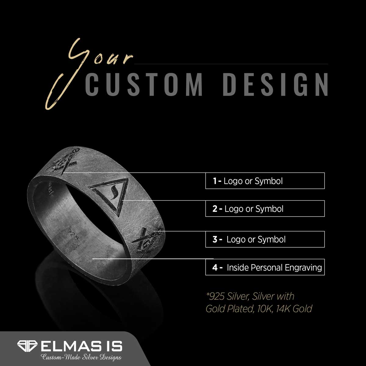 Engraved with Masonic Symbols Ring, Compasses Masonic Ring, Elegant Masonic Ring by SWISS PLUS - Mason Collection - view 7