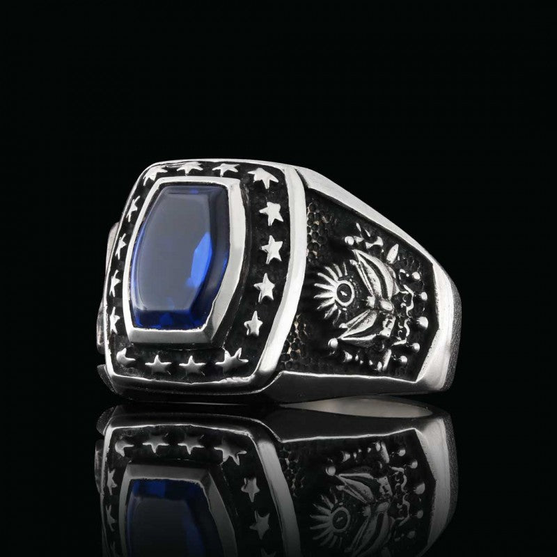 Hand Made Stoned Silver Ring with Stars Men by SWISS PLUS - Ottoman Jewelry Collection - view 3