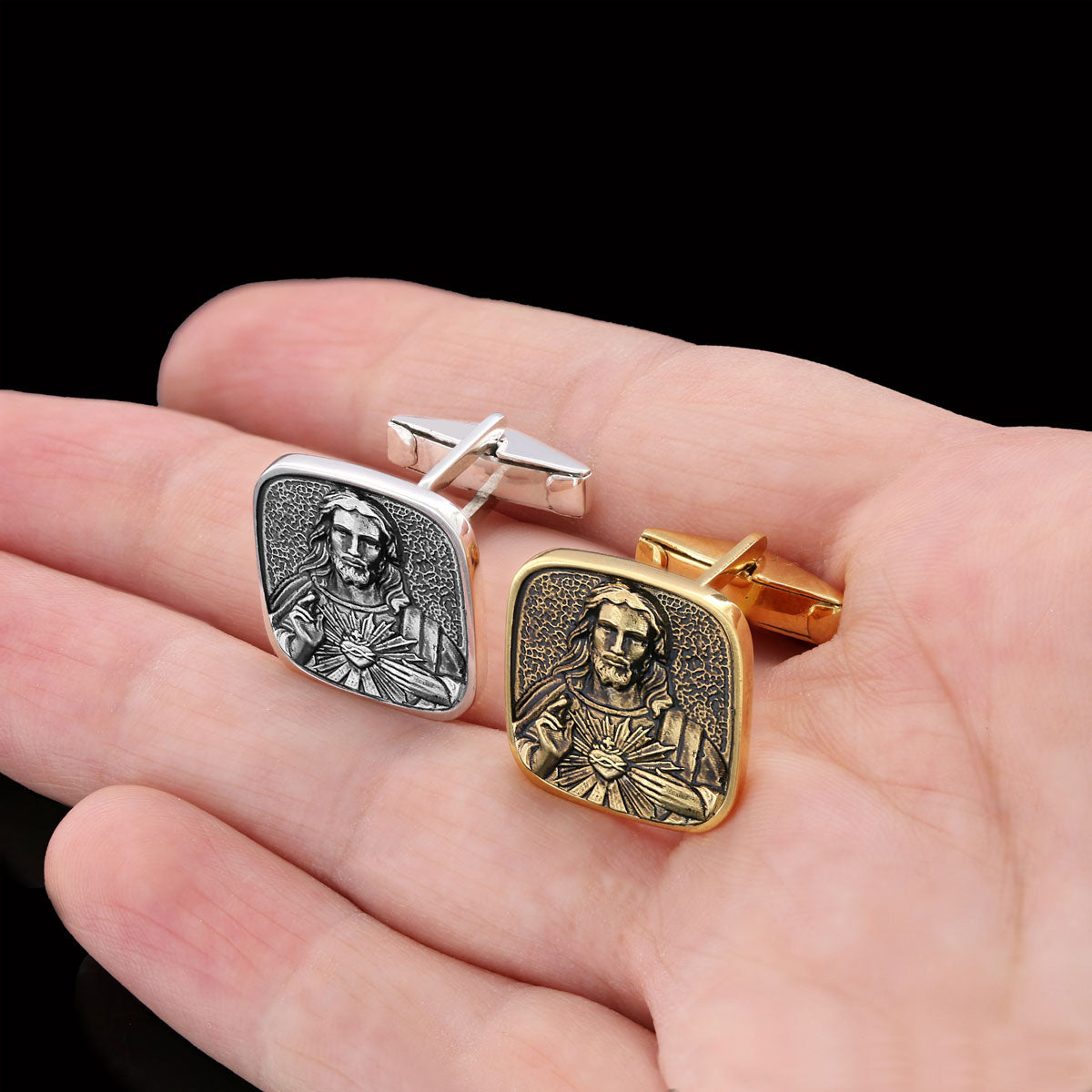Handcrafted Square Jesus Cufflinks, Christ Religious Cufflinks, Christian Cufflinks, Religious Jewelry, Christ Gold Plated Cufflinks, Messiah Accessory Silver