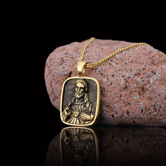 Handcrafted Square Jesus Necklace, Christ Religious Pendant, Christian Necklace, Religious Jewelry, Christ Gold Plated Pendant, Messiah Accessory Gold Coating
