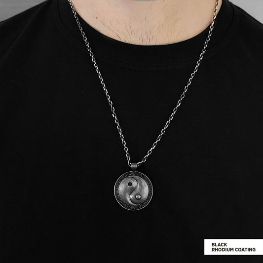 Handmade Sterling Silver Round Yin Yang Pendant Black Rhodium Coating-Chain