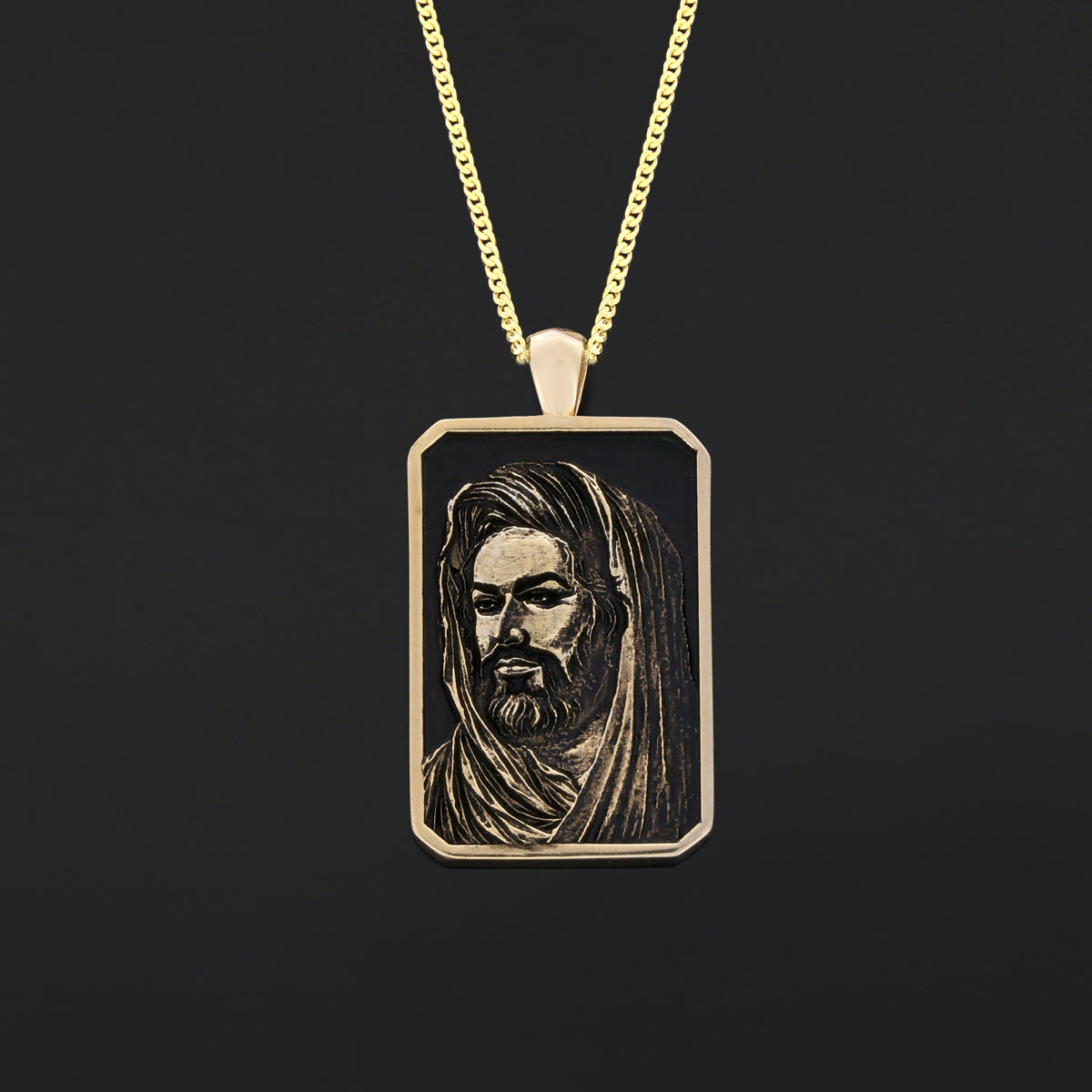 Hazrat Ali Face Necklace, Islamic Rectangular Pendant, Dhulfiqar Jewelry, Zulfiqar Face Necklace, Zulfiqar Jewelry, Muslim Silver Necklace Large-Gold Coating