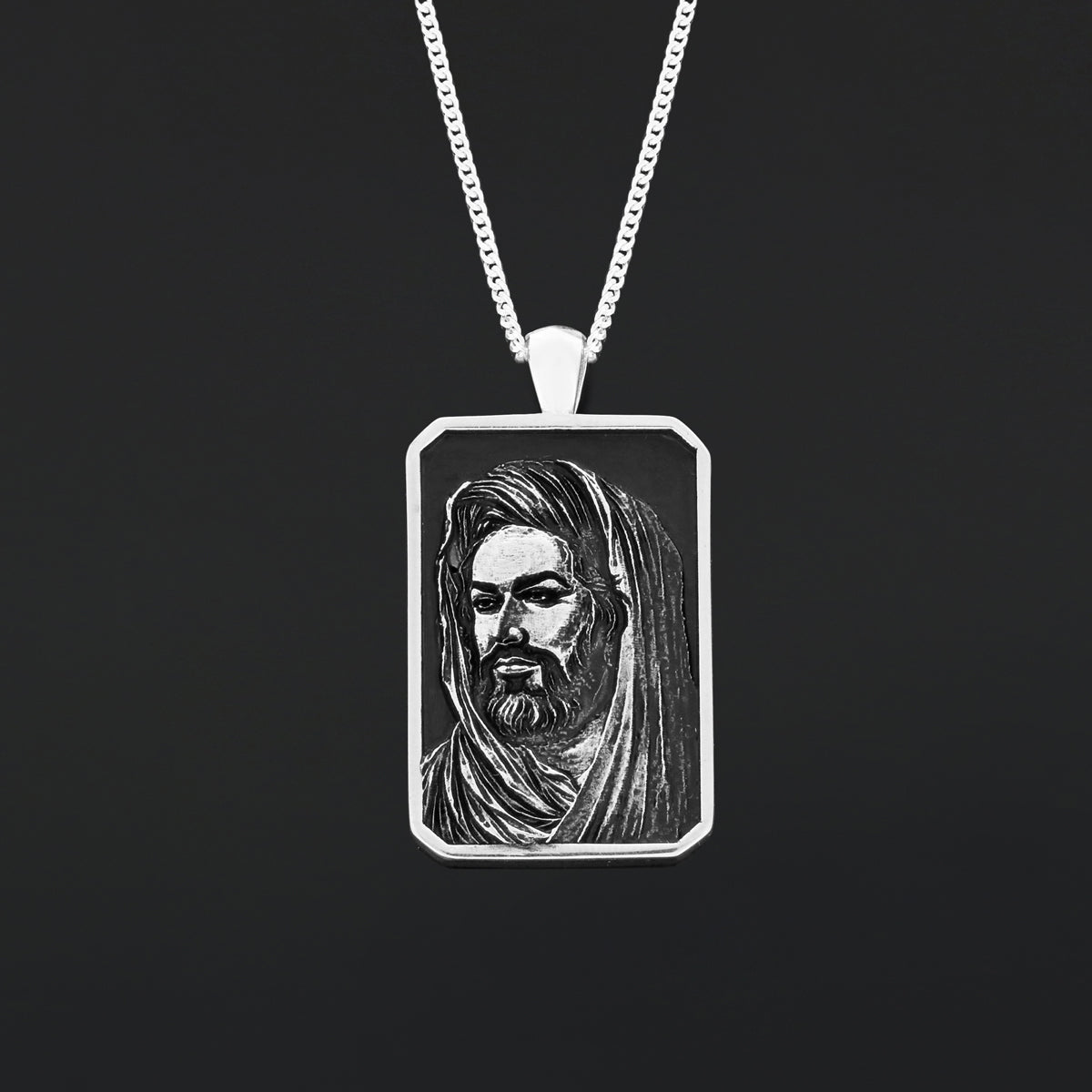 Hazrat Ali Face Necklace, Islamic Rectangular Pendant, Dhulfiqar Jewelry, Zulfiqar Face Necklace, Zulfiqar Jewelry, Muslim Silver Necklace Large-Silver