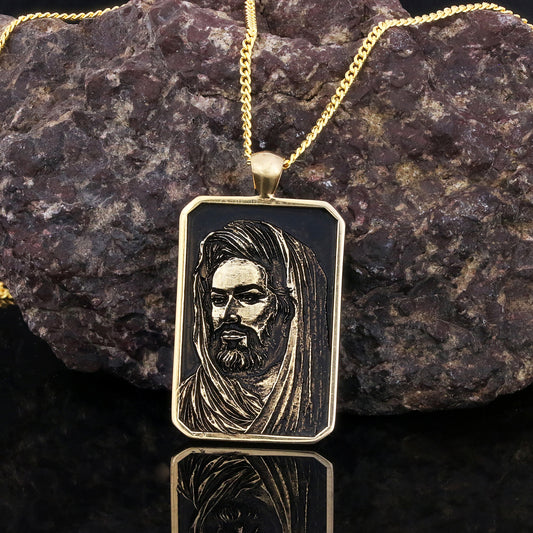 Hazrat Ali Face Necklace, Islamic Rectangular Pendant, Dhulfiqar Jewelry, Zulfiqar Face Necklace, Zulfiqar Jewelry, Muslim Silver Necklace Medium-Gold Coating