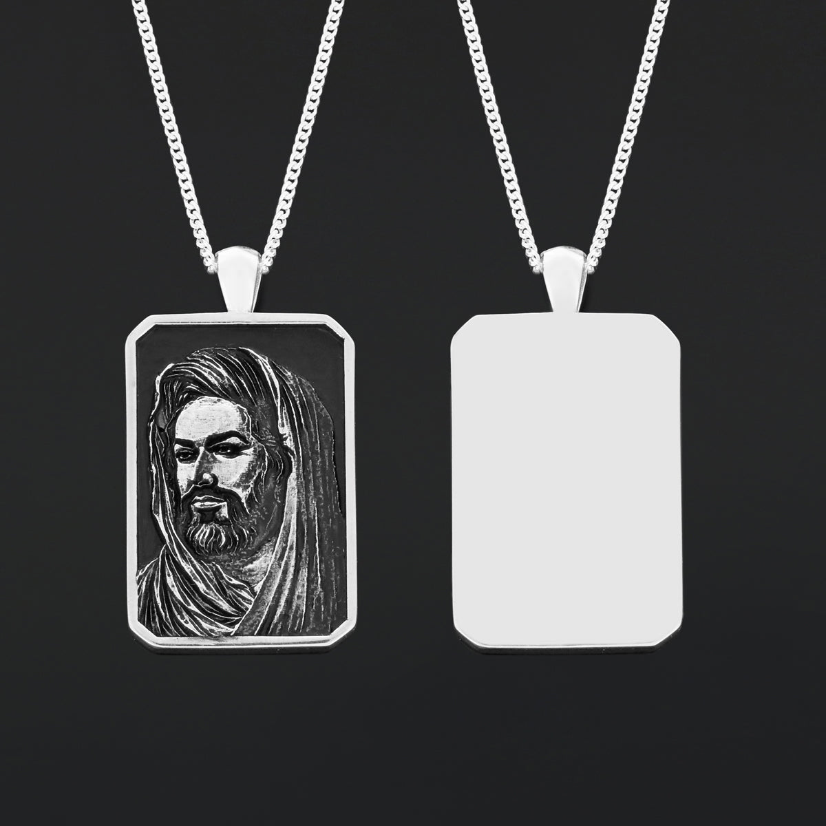 Hazrat Ali Face Necklace, Islamic Rectangular Pendant, Dhulfiqar Jewelry, Zulfiqar Face Necklace, Zulfiqar Jewelry, Muslim Silver Necklace Medium-Silver
