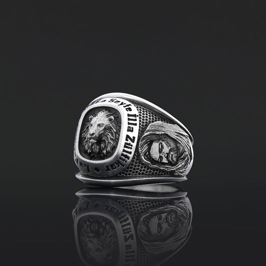 Hazrat Ali Lion Ring, Dhulfiqar Sword Round Ring, Islamic Zulfiqar Sword Jewelry, Zulfiqar Face Ring Jewelry, Muslim Silver Ring Silver