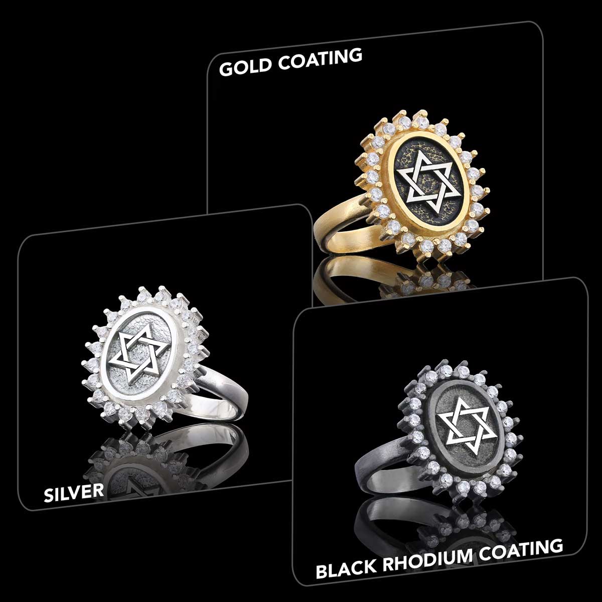 Jewish Star Ring, Silver Menorah Ring, Hebrew Chanukah Menorah Ring, Magen David Ring, Shield of David Ring Black Rhodium Coating